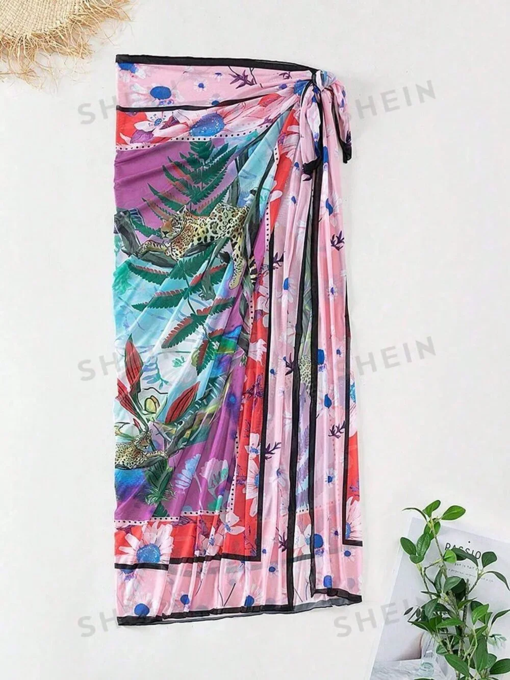 Multicolor Women's Tropical Print Knot Side Cover Up Skirt